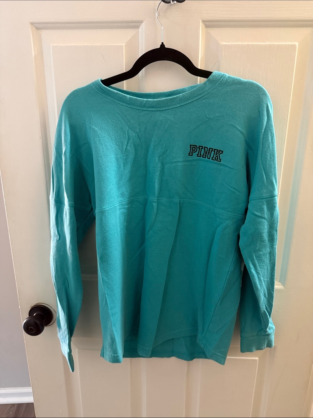 PINK Teal Crewneck Pullover with LOVE PINK Back Graphic